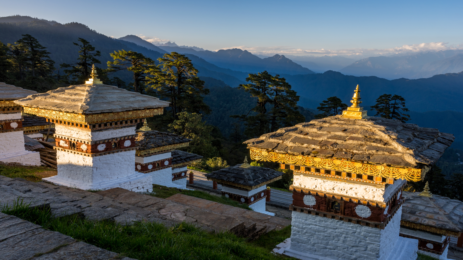 Dochula Pass mountain view with chortens in Bhutan
